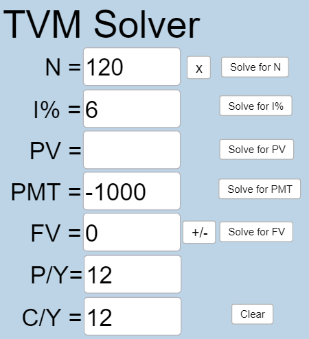 This is a photo of the TVM Solver application from Geogebra. In this problem, N=120, I%=6, PV is blank, PMT=-1000, FV=0, P/Y=12, and C/Y=12.