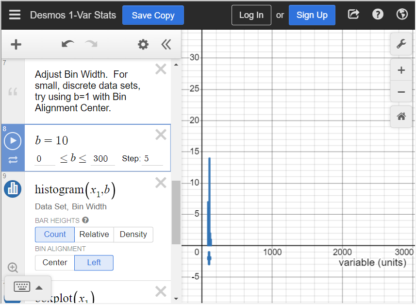 This image shows the bin number that has been changed to 10 into the statistics calculator.