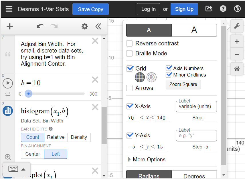 This image shows the updated settings for the graph that have been entered into the statistics calculator.