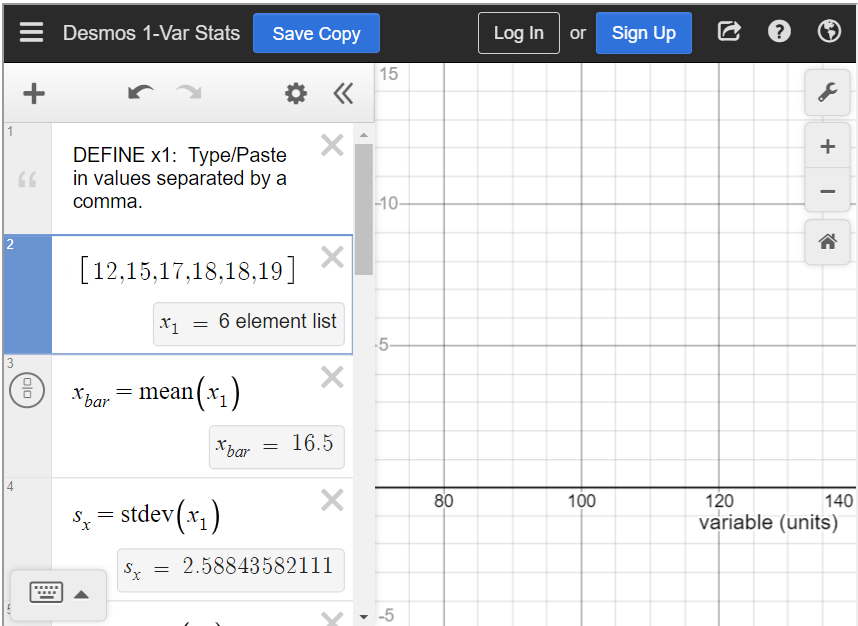 This image shows the data that has been entered into the statistics calculator as well as the mean.