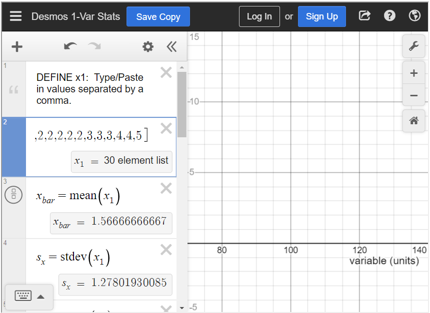 This image shows the data that has been entered into the statistics calculator as well as the mean.