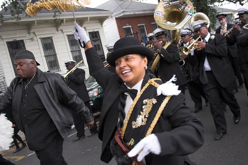 Photo shows a Second Line Parade & Jazz Funeral for jazz musician Ernest "Doc" Paulin in New Orleans.