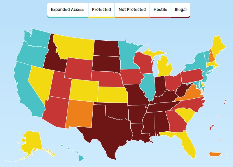 A map of the United States showing where abortion is legal, illegal, or protected.