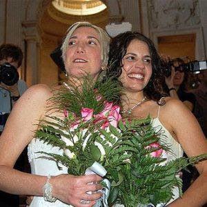 Photo of a lesbian couple on their wedding day.