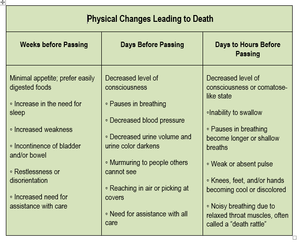 Figure 11.4. Chart listing the physical changes leading to death.