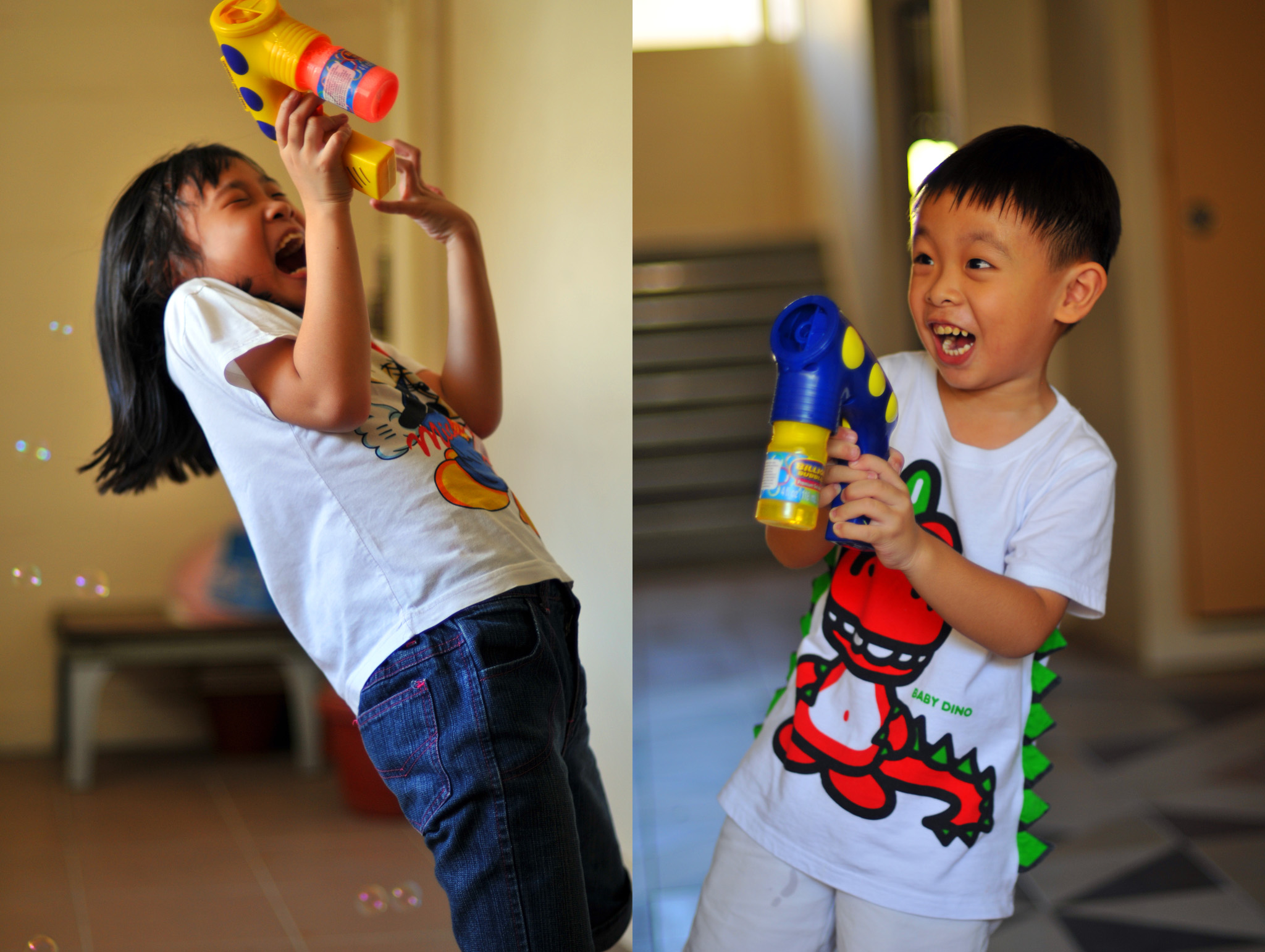 Two kids playing with bubble guns