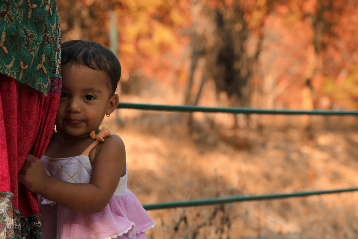 A child peaks out from behind a parent