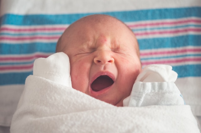 Photo shows an newborn baby yawning in hospital nursery.