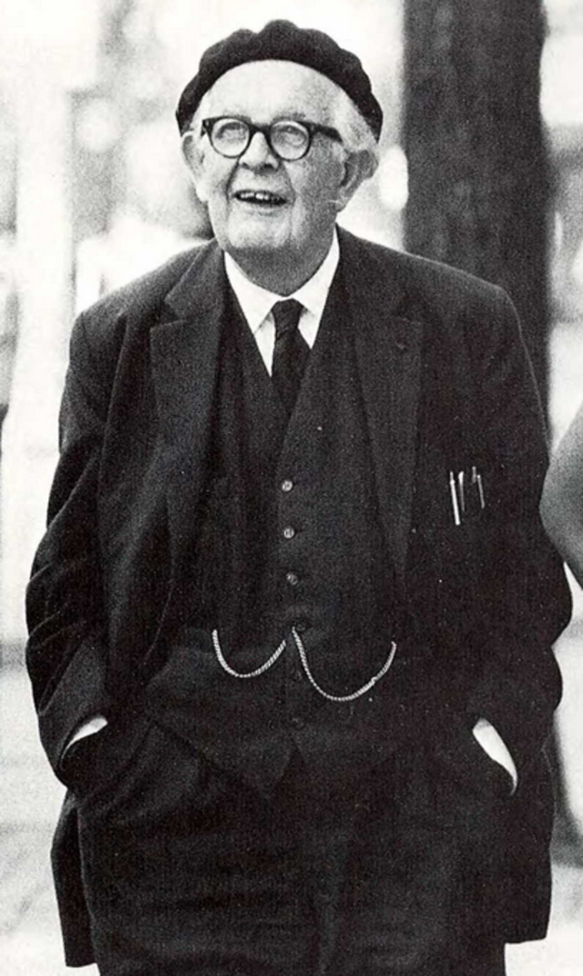Photograph of Jean Piaget at the University of Michigan campus in Ann Arbor in 1967.