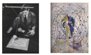 Figure on the left is the Dadaist artist Max Ernst showing how he punched a small hole in a can of paint, attached it to a coupled pendulum, and created Lissajous figures. Figure on the right is one of his paintings.