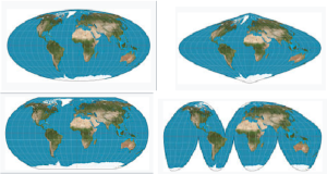 Four images showing techniques of making the surface of a sphere into a flat map.