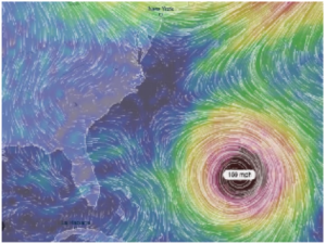 A colored map showing current and wind direction with a 169 mph hurricane in the Atlantic nearing the United States.