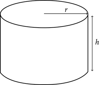 A right circular cylinder with an arrow extending from the center of the top circle outward to the edge, labeled: r. Another arrow beside the image going from top to bottom, labeled: h.