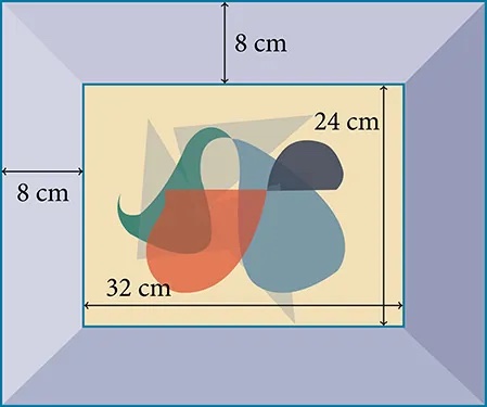 / An art frame with a piece of artwork in the center. The frame has a width of 8 centimeters. The artwork itself has a length of 32 centimeters and a width of 24 centimeters.