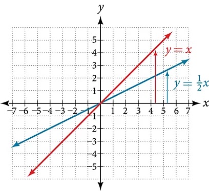 his graph shows two functions on an x, y coordinate plane. One shows an increasing function of y = x divided by 2 that runs through the points (0, 0) and (2, 1). The second shows an increasing function of y = x and runs through the points (0, 0) and (1, 1)).