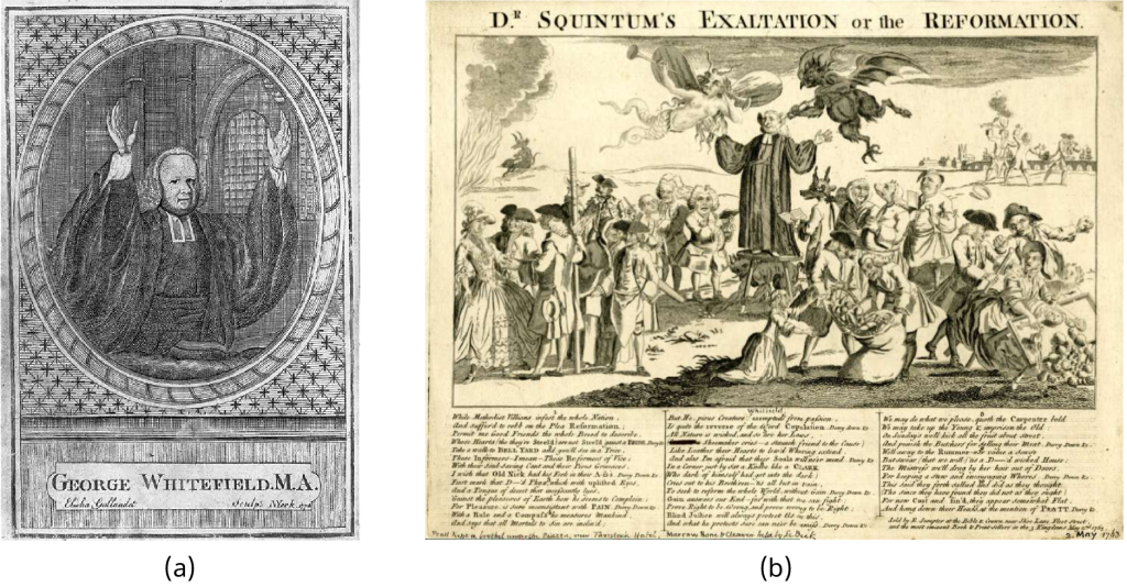 Illustration (a) shows George Whitefield preaching, with his hands raised and a neutral facial expression. Cartoon (b) shows George Whitefield preaching, again with his hands raised, surrounded by men and women; he is flanked from above by an angel on one side, a devil on the other. In the surrounding crowd, groups of men seem to be lecturing or harassing people; for example, in the far right corner two men are overturning the table of a woman, perhaps a vendor of some sort. The title reads “Dr. Squintum’s Exaltation or the Reformation.”