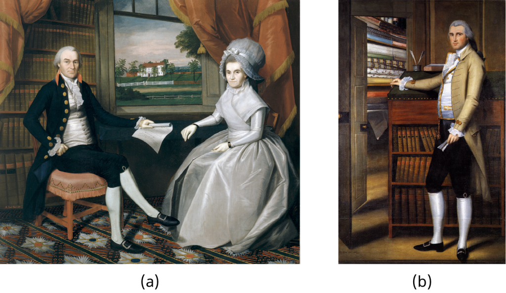 Painting (a) is a portrait of Oliver and Abigail Wolcott Ellsworth, who sit in an opulent library with a bucolic scene visible from the window. Painting (b) is a portrait of Elijah Boardman, who poses beside a desk with book-filled shelves that include the works of Moore, Shakespeare, and Milton. Beside him, an open closet displays many neatly arranged bolts of fabric.