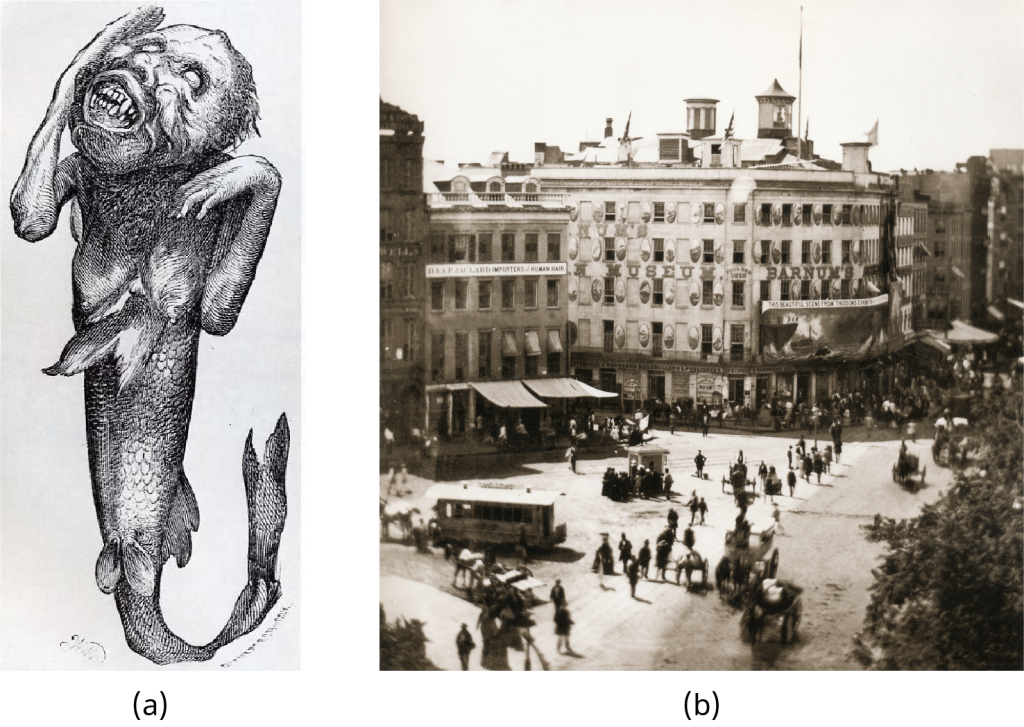 Illustration (a) depicts a creature with the head and upper torso of a young monkey and the bottom half of a fish. Photograph (b) shows crowds of people surrounding P. T. Barnum’s American Museum in New York City.