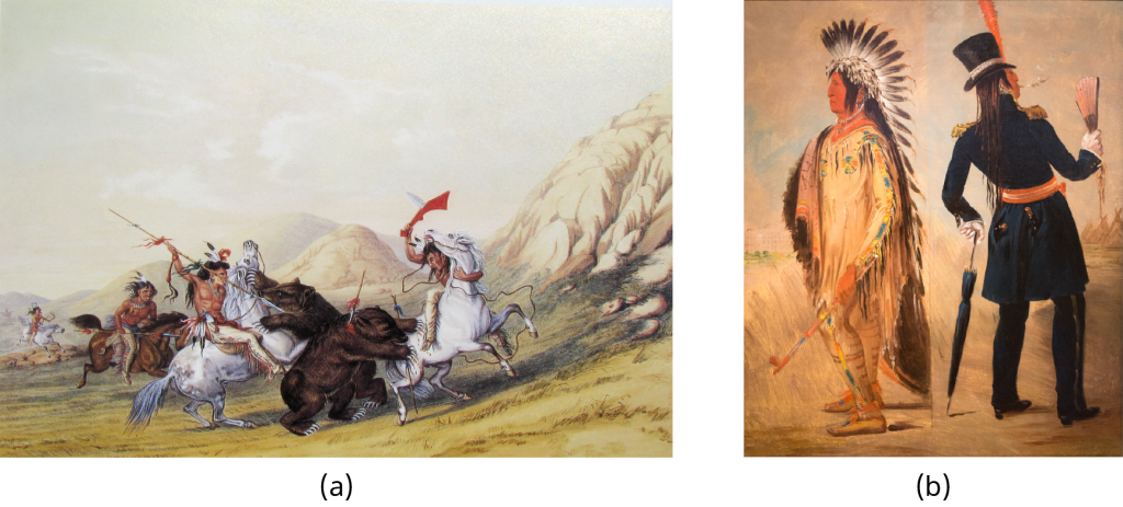 Painting (a) depicts a group of mounted Native Americans on a grizzly bear hunt. Painting (b) shows a Native American chief in two modes of dress: he is clothed in the native fashion, including a feathered headdress, on the left, and wearing a fully western outfit, including top hat, on the right.