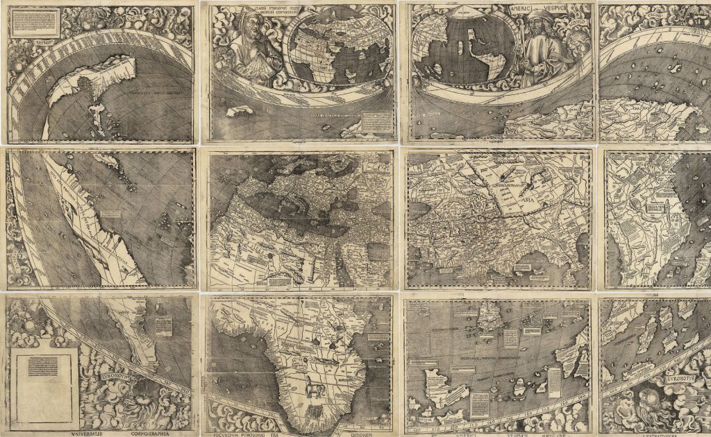 1507 map of the world divided into twelve segments. New World land masses are smaller and inaccurate.