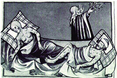 An illustration depicts two bedridden victims of the Black Plague covered with buboes.