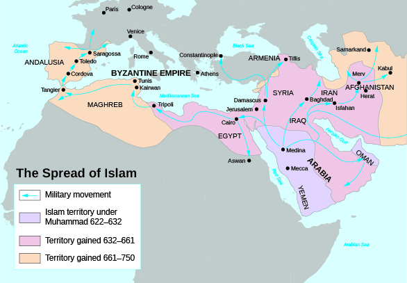 A map shows the spread of Islam, including Islamic territory under Muhammad from 622 to 632.