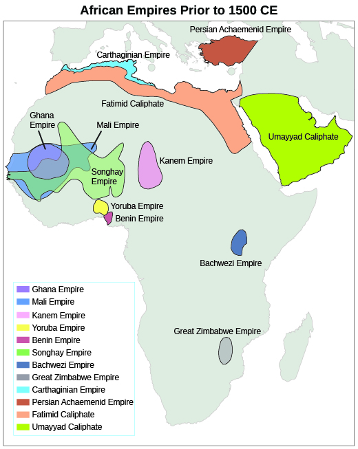 A map shows the locations of the major West African empires before 1492.