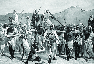 An illustration shows traders transporting a group of enslaved people.