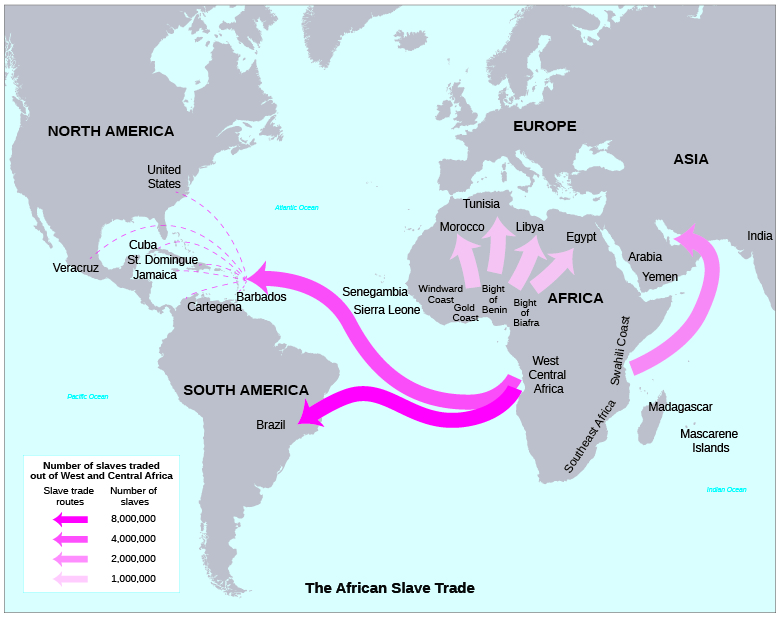A map shows the routes that were used in the course of the slave trade.
