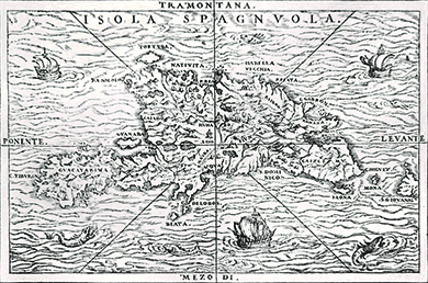 A sixteenth-century map shows the island of Hispaniola. Large ships and sea creatures are depicted.
