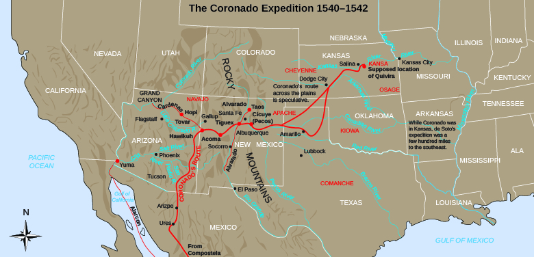 A map shows Coronado’s path through the American Southwest and the Great Plains.