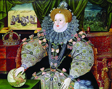 A portrait of Elizabeth I shows the queen in full regalia with her hand on a globe.
