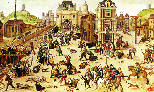 A painting shows French Catholic troops slaughtering French Protestant Calvinists in Paris.