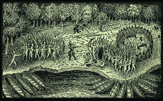 An engraving shows Samuel de Champlain fighting on the side of the Huron and Algonquins.