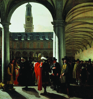 A painting shows a crowd of seventeenth-century merchants and brokers gathered in a courtyard.