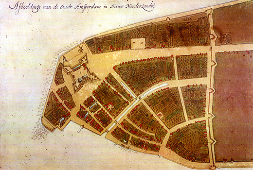 The Castello Plan shows New Amsterdam as a small settlement of buildings and fields.
