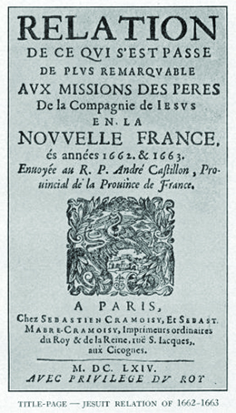 A seventeenth-century French copy of the Jesuit Relations is shown.