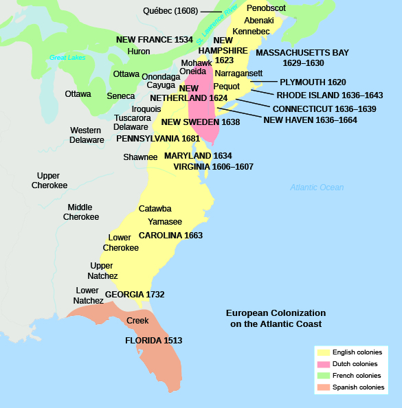 This is a map showing the English, Dutch, French, and Spanish colonies on the Atlantic coast.