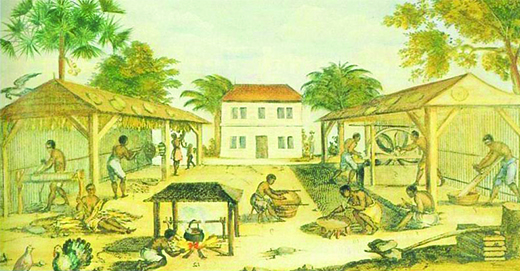 This is a 1670 painting showing bare-chested, barefoot Black men in knee-length pants, doing various tasks associated with tobacco drying.