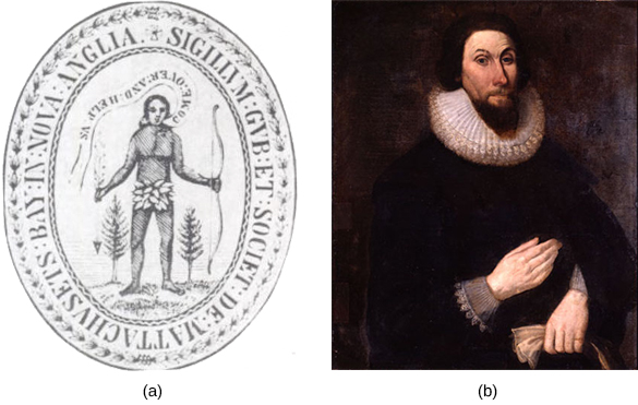 Image (a) shows the 1629 seal of the Massachusetts Bay Colony. (b) is a portrait of John Winthrop, who wears dark clothing, an Elizabethan ruff, and a pointed beard.