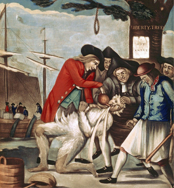 Painting showing the most publicized tarring and feathering incident of the American Revolution.