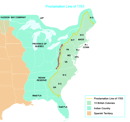 Map showing the status of the American colonies in 1763, after the end of the French and Indian War.