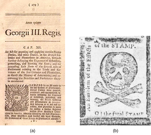 The left image is an announcement of the Stamp Act in a newspaper publication. the right image is a mock stamp whose text reads “An Emblem of the Effects of the STAMP. O! the Fatal STAMP.”