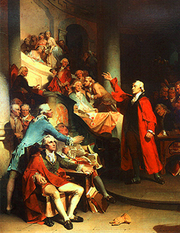Painting showing a romanticized depiction of Patrick Henry’s speech denouncing the Stamp Act of 1765.