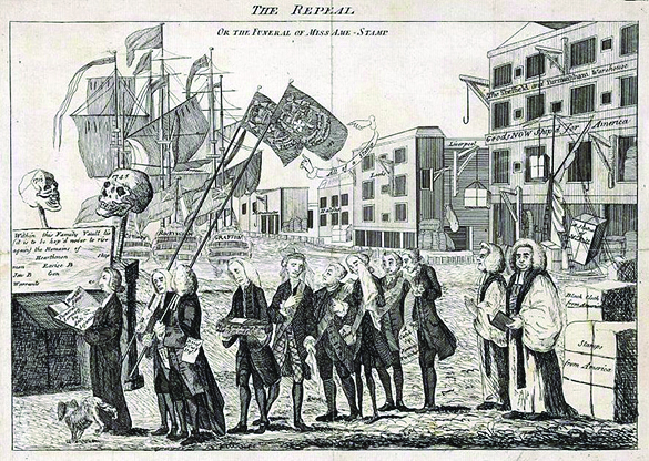 illustration shows a funeral procession for the Stamp Act
