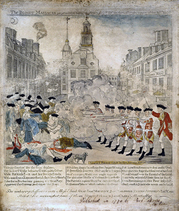 A line of British soldiers shoots into a crowd of colonists, all of whom are White and well-dressed. Some of the colonists attempt to flee; others help the injured or hold up their hands, asking the British for mercy; several lay bleeding and dying on the ground. In the foreground, a small dog stands beside two of the victims. The Boston State House and surrounding buildings are visible in the background.