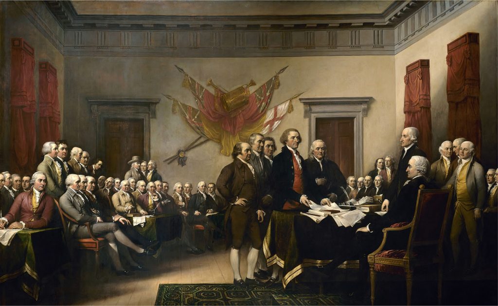 This famous 1819 painting by John Trumbull shows members of the committee entrusted with drafting the Declaration of Independence presenting their work to the Continental Congress in 1776.