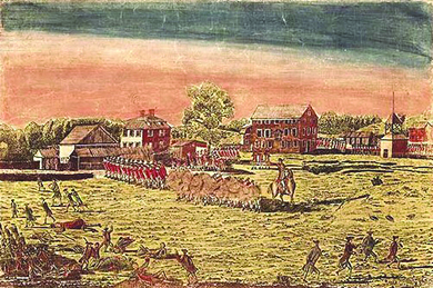 Engraving showing a detail from The Battle of Lexington, April 19th 1775.