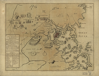 map shows details of the British and Patriot troops in and around Boston, Massachusetts, at the beginning of the war.