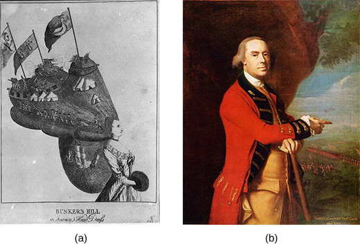 The image on the left is a cartoon depicting the initial rebellion as an elaborate colonial coiffure. The image on the right is a portrait of General Thomas Gage